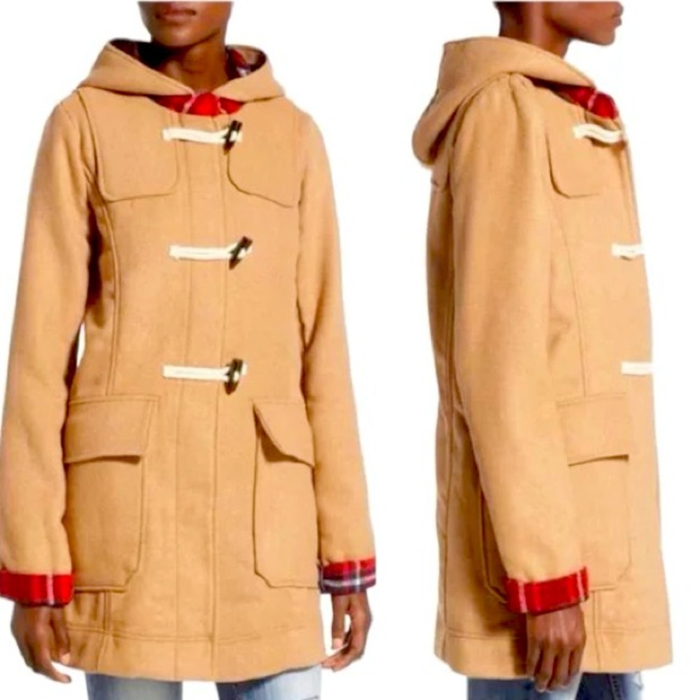 Thread & supply thick camel coat w/ red plaid lining, size S, worn a few times